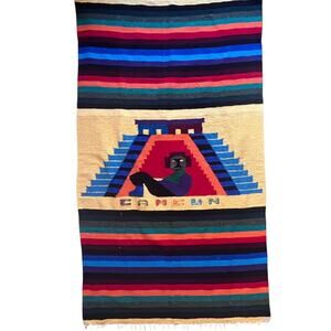 Vintage Mexican Cancun Serape Woven Blanket Wall Hanging Throw Colorful Fringed